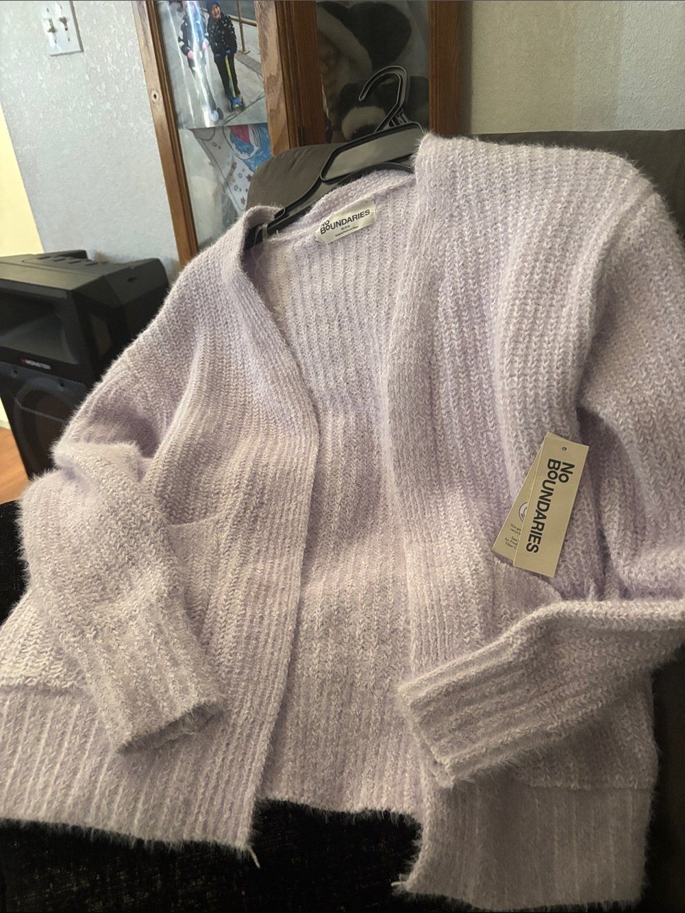 No Boundaries Lavender Open-Front Fuzzy Cardigan